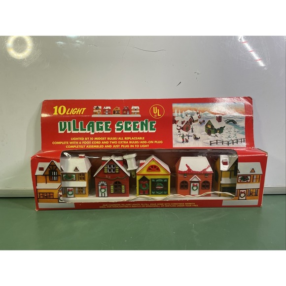 New Vintage 1988‎ 10 Light Christmas Mini Village Scene Hard Plastic Lighted - Picture 1 of 12